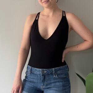 Charlotte Russe Black Strappy Bodysuit Tie Back One Piece Spaghetti Strap Solid